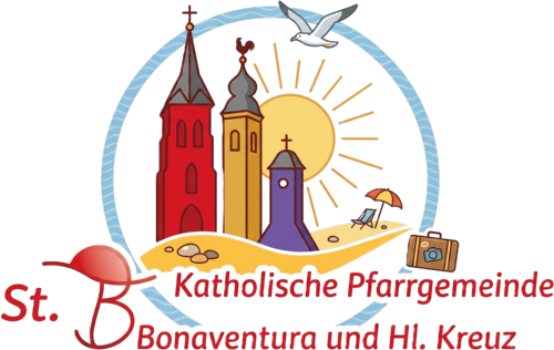 Katholische Pfarrgemeinde St. Bonaventura und Hl. Kreuz logo in vacation_holiday mode, vector graphic style, with church towers in red, yellow and purple, incorporating summer or vacation elements like su