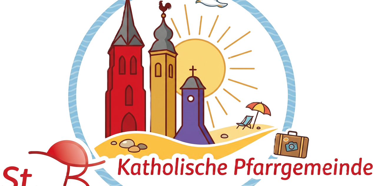 Katholische Pfarrgemeinde St. Bonaventura und Hl. Kreuz logo in vacation_holiday mode, vector graphic style, with church towers in red, yellow and purple, incorporating summer or vacation elements like su