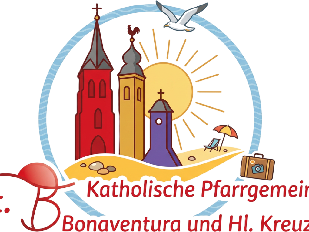 Katholische Pfarrgemeinde St. Bonaventura und Hl. Kreuz logo in vacation_holiday mode, vector graphic style, with church towers in red, yellow and purple, incorporating summer or vacation elements like su