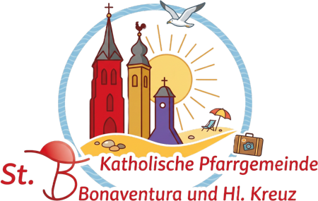 Katholische Pfarrgemeinde St. Bonaventura und Hl. Kreuz logo in vacation_holiday mode, vector graphic style, with church towers in red, yellow and purple, incorporating summer or vacation elements like su