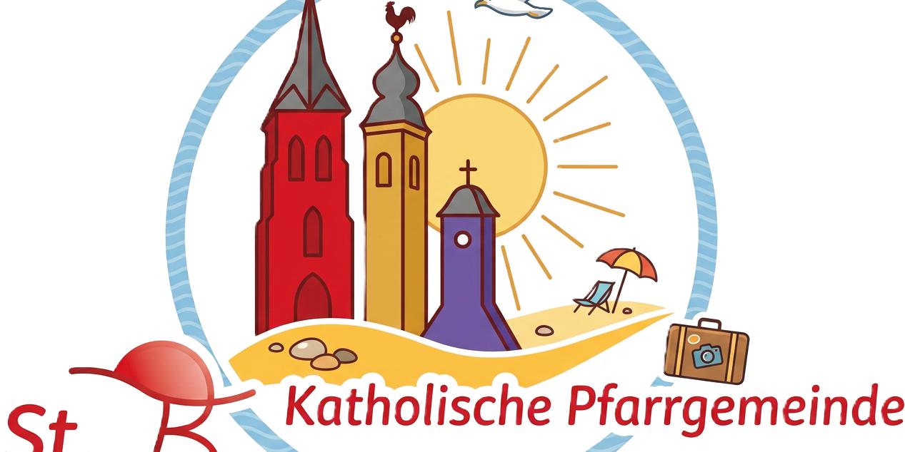 Katholische Pfarrgemeinde St. Bonaventura und Hl. Kreuz logo in vacation_holiday mode, vector graphic style, with church towers in red, yellow and purple, incorporating summer or vacation elements like su