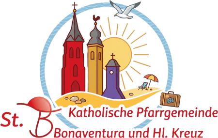 Katholische Pfarrgemeinde St. Bonaventura und Hl. Kreuz logo in vacation_holiday mode, vector graphic style, with church towers in red, yellow and purple, incorporating summer or vacation elements like su