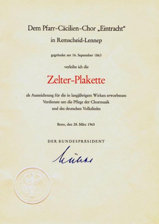 Urkunde Zelter-Plakette