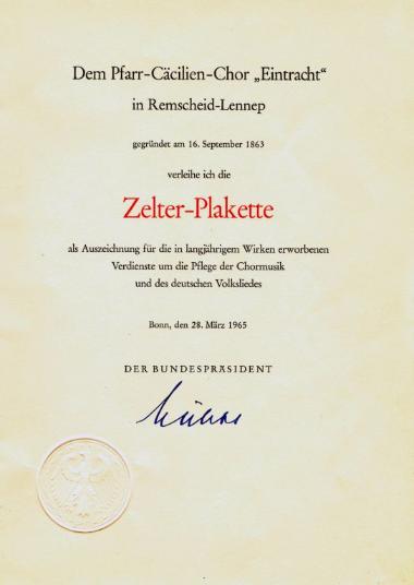 Urkunde Zelter-Plakette